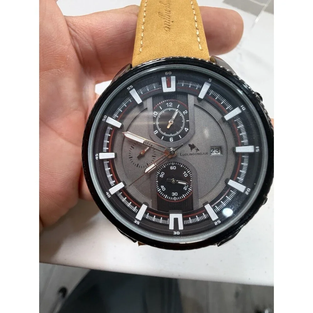 Automatic Mechanical Men’s Watch 44mm Black Case Brown Leather Strap New